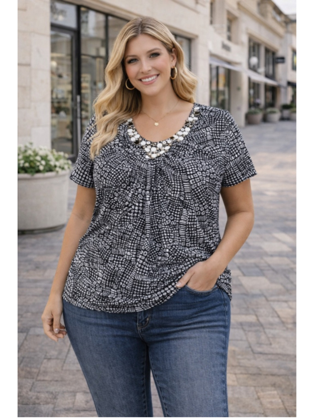Women's Ruby Rd. Top XL Black & White Short Sleeve Summer
